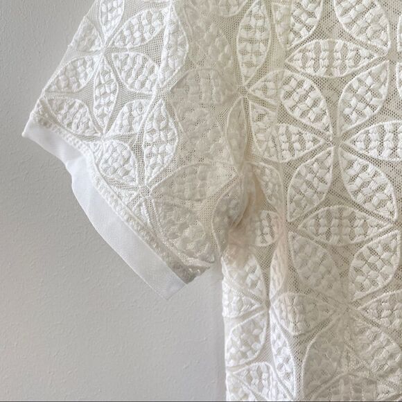 Ann Taylor Loft Women's Petite Medium Ivory Short Sleeve Sheer Embroidered Top S - Picture 7 of 12